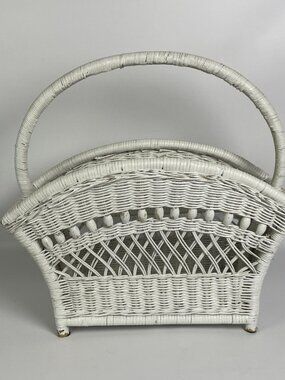 Vintage White Wicker Magazine Rack Holder Woven Basket Boho Shabby Chic 19x19x9"